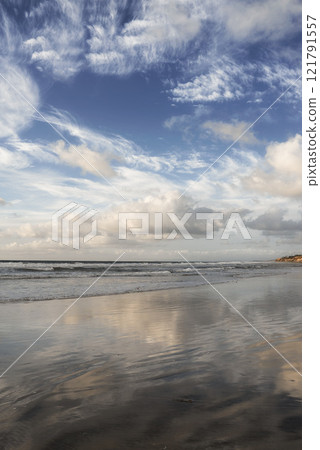 Copy space at sea with cloudy sky background above the horizon. Calm ocean waters at a beach of Torrey Pines, San Diego, California. Majestic and peaceful scenic landscape for a relaxing getaway Copy space at sea with cloudy sky background above the horizon. Calm ocean waters at a beach of Torrey Pines, San Diego, California. Majestic and peaceful scenic landscape for a relaxing getaway 121791557