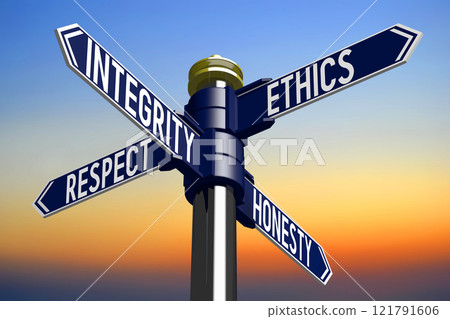 Ethics, respect, integrity, honesty - signpost with four arrows - 3D illustration Ethics, respect, integrity, honesty - signpost with four arrows - 3D illustration 121791606
