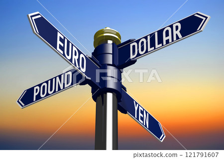Dollar, Euro, Pound, Yen - signpost with four arrows - 3D illustration 121791607