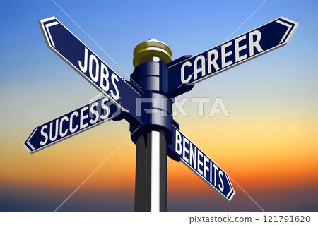 Jobs, career, success, benefits - signpost with four arrows - 3D illustration 121791620