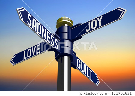Sadness, guilt, love, joy - signpost with four arrows - 3D illustration 121791631