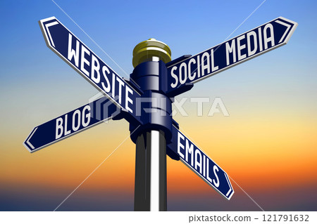 Website, e-mails, blog, social media - signpost with four arrows - 3D illustration Website, e-mails, blog, social media - signpost with four arrows - 3D illustration 121791632