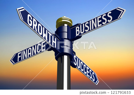Growth, business, finance, success - signpost with four arrows - 3D illustration Growth, business, finance, success - signpost with four arrows - 3D illustration 121791633