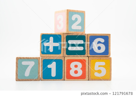 Number wood block cubes for learning Mathematic, education math. 121791678