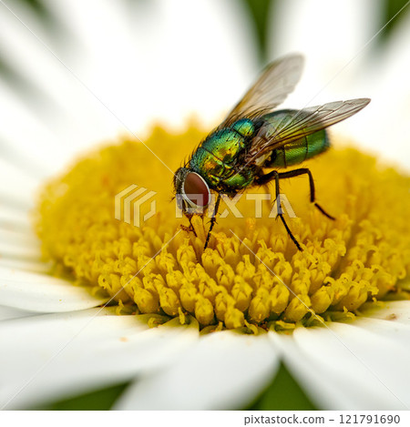 Closeup of a common green bottle fly eating floral disc nectar on white Marguerite daisy flower. Macro texture and detail of insect pollination and pest control in a private backyard or home garden Closeup of a common green bottle fly eating floral disc nectar on white Marguerite daisy flower. Macro texture and detail of insect pollination and pest control in a private backyard or home garden 121791690