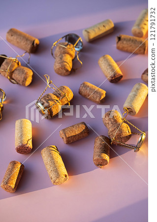 Used wine and champagne corks scattered on pink. 121791732