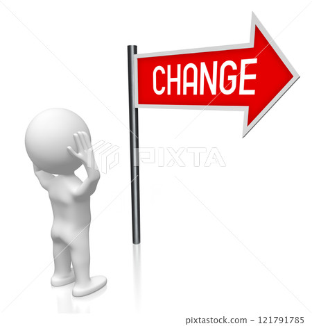 Change - signpost with one arrow, cartoon character - 3D illustration Change - signpost with one arrow, cartoon character - 3D illustration 121791785
