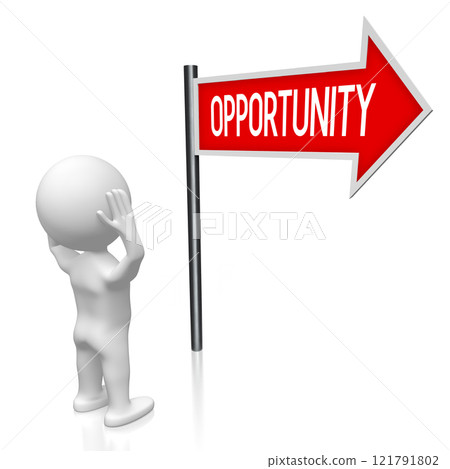 Opportunity - signpost with one arrow, cartoon character - 3D illustration 121791802