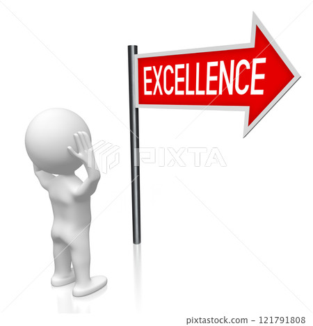 Excellence - signpost with one arrow, cartoon character - 3D illustration 121791808