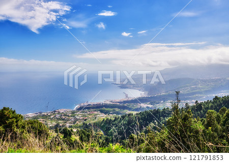 Scenic landscape of the mountains, a pine forest and the ocean with blue sky copy space in the remote area of La Palma, Canary Islands, Spain. View of lush mother nature and wild flora from above Scenic landscape of the mountains, a pine forest and the ocean with blue sky copy space in the remote area of La Palma, Canary Islands, Spain. View of lush mother nature and wild flora from above 121791853