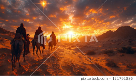 Majestic desert sunset with silhouetted camel riders and stunning sky Majestic desert sunset with silhouetted camel riders and stunning sky 121791886