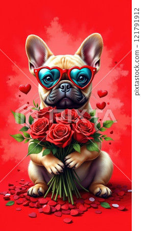 Cute french bulldog with heart glasses holding red roses against vibrant red background 121791912