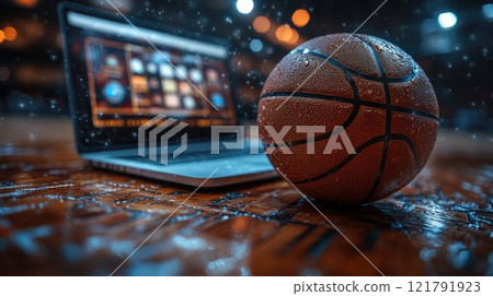 Basketball on wooden court in front of laptop showing online sports betting Basketball on wooden court in front of laptop showing online sports betting 121791923