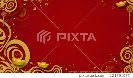 Chinese New Year Red and Gold Ornamental Background with Gold Ingots 121791975
