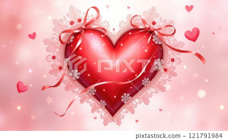 Romantic lace heart with red ribbons and hearts on pink background Romantic lace heart with red ribbons and hearts on pink background 121791984