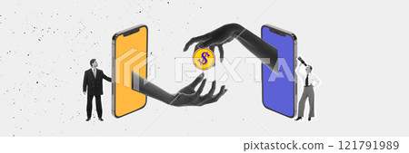 Graphic art composition. Two devices connected with coin transaction represent digital tax payments, online financial exchanges, and secure financial technology. Graphic art composition. Two devices connected with coin transaction represent digital tax payments, online financial exchanges, and secure financial technology. 121791989