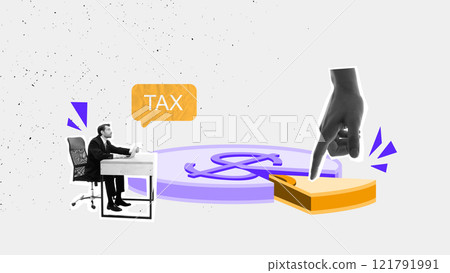 Graphic art composition. hand points at tax pie chart near professional, showing process of tax allocation, budgeting, and financial oversight. Graphic art composition. hand points at tax pie chart near professional, showing process of tax allocation, budgeting, and financial oversight. 121791991