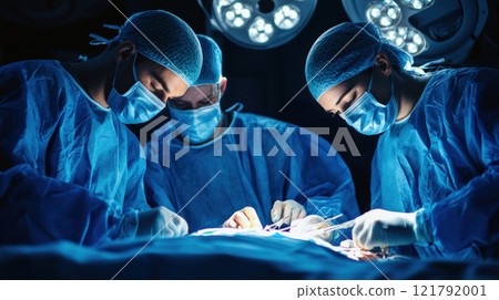 Doctor team performing operating on patient in operating room of surgical department at hospital. 121792001