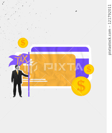 Modern graphic art design. Businessman with tax flag and coins illustrates focus on financial strategy, compliance, and taxation in business Modern graphic art design. Businessman with tax flag and coins illustrates focus on financial strategy, compliance, and taxation in business 121792011