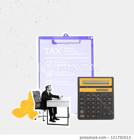 Modern graphic art design. Businessman at desk with tax checklist and calculator emphasizes proper financial documentation and tax record maintenance. 121792013