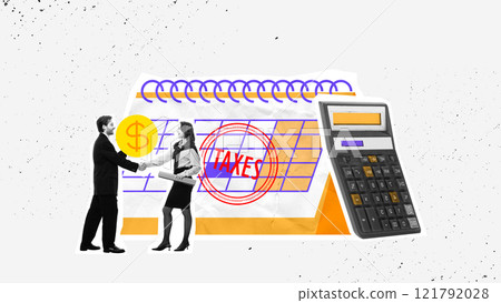 Creative graphic design. Two professionals exchange money on tax-marked calendar, with calculator nearby, representing tax compliance. Creative graphic design. Two professionals exchange money on tax-marked calendar, with calculator nearby, representing tax compliance. 121792028