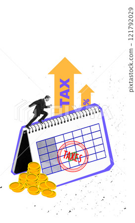 Creative graphic design. Businessman runs uphill on calendar marked with taxes and arrow, symbolizing tax deadlines and financial challenges in business planning. Creative graphic design. Businessman runs uphill on calendar marked with taxes and arrow, symbolizing tax deadlines and financial challenges in business planning. 121792029
