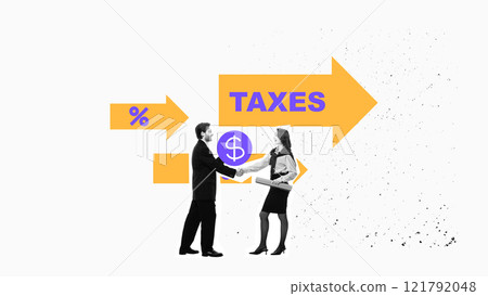Graphic art composition. Tax impact. Two businesspeople shake hands, exchanging money symbol, with bold arrows pointing to taxes. Graphic art composition. Tax impact. Two businesspeople shake hands, exchanging money symbol, with bold arrows pointing to taxes. 121792048