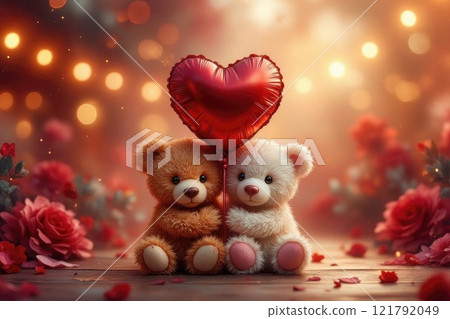 Teddy bears with heart balloon amidst romantic rose background 121792049