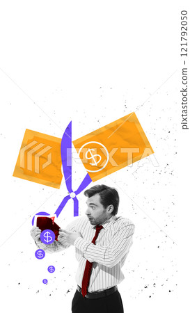 Graphic art composition. Surprised man holds empty wallet, with scissors cutting money in background, illustrating financial losses and tax deductions. 121792050