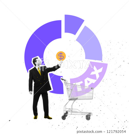 Modern visual composition. Businessman in suit holds coin symbolizing money, standing near shopping cart with pie chart in background. 121792054