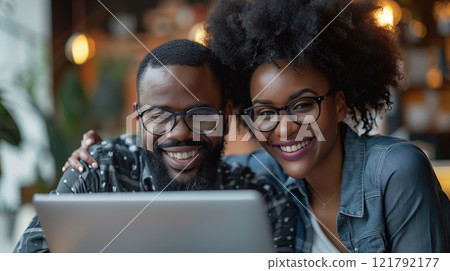 Happy couple working together on laptop 121792177
