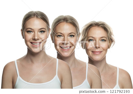 Female generation. Aging, cosmetology, plastic surgery and retouching before and after concept Female generation. Aging, cosmetology, plastic surgery and retouching before and after concept 121792193