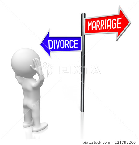 Marriage or devorce - signpost with two arrows, cartoon character - 3D illustration 121792206