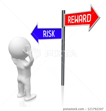Risk and reward - signpost with two arrows, cartoon character - 3D illustration 121792207