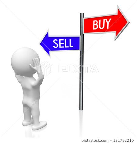 Buy or sell - signpost with two arrows, cartoon character - 3D illustration 121792210