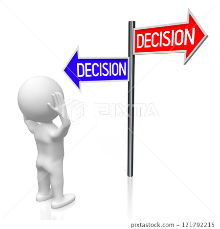 Decision - signpost with two arrows, cartoon character - 3D illustration 121792215