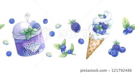 Ice cream and dessert in glass jar with blueberry, blackberry, whipped cream, chia seeds and mint. Hand draw watercolor isolated seamless border. Horizontal banner of dessert for confectionery design. Ice cream and dessert in glass jar with blueberry, blackberry, whipped cream, chia seeds and mint. Hand draw watercolor isolated seamless border. Horizontal banner of dessert for confectionery design. 121792486