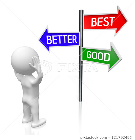 Good, better, best - signpost with three arrows, cartoon character - 3D illustration Good, better, best - signpost with three arrows, cartoon character - 3D illustration 121792495