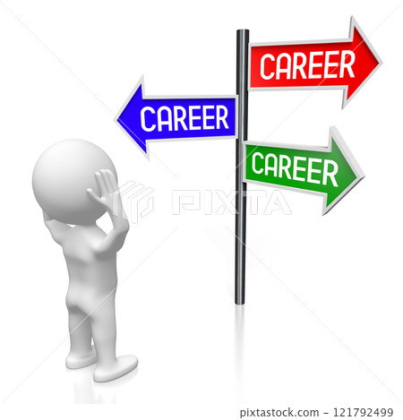 Career concept - signpost with three arrows, cartoon character - 3D illustration Career concept - signpost with three arrows, cartoon character - 3D illustration 121792499