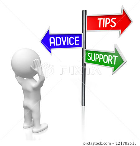 Tips, advice, support - signpost with three arrows, cartoon character - 3D illustration 121792513