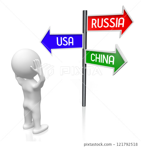 Russia, USA, China - countries concept - signpost with three arrows, cartoon character - 3D illustration Russia, USA, China - countries concept - signpost with three arrows, cartoon character - 3D illustration 121792518