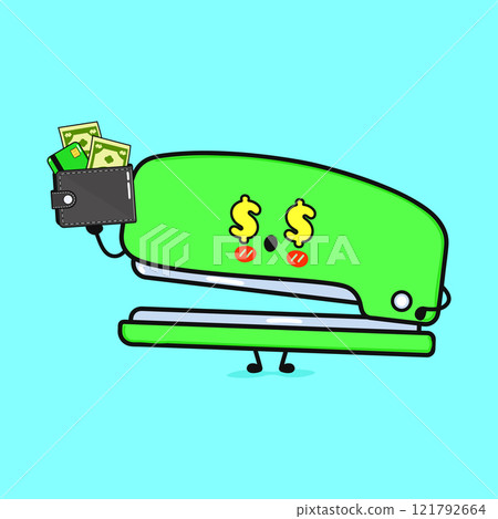 Stapler Dollar, Wallet, Money character. Vector hand drawn cartoon kawaii character illustration icon. Isolated on blue background. Stapler character concept Stapler Dollar, Wallet, Money character. Vector hand drawn cartoon kawaii character illustration icon. Isolated on blue background. Stapler character concept 121792664