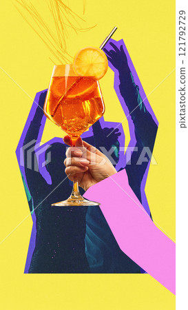 Modern graphic design. Orange cocktail garnished with citrus slice in glass held up against yellow background with vibrant silhouettes of cheering people. Modern graphic design. Orange cocktail garnished with citrus slice in glass held up against yellow background with vibrant silhouettes of cheering people. 121792729