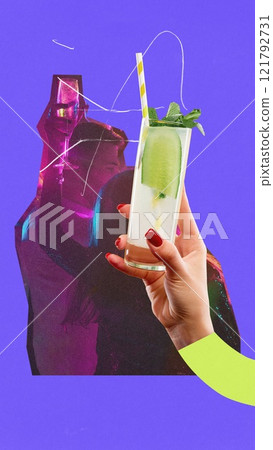 Modern graphic design. Long glass filled with cucumber-based drink held by hand, set against purple background with dancing silhouettes. Modern graphic design. Long glass filled with cucumber-based drink held by hand, set against purple background with dancing silhouettes. 121792731