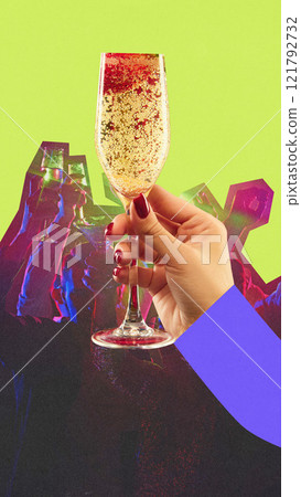 Modern graphic design. Sparkling champagne flute in hand, bubbles glowing against green background with cheering silhouettes. Modern graphic design. Sparkling champagne flute in hand, bubbles glowing against green background with cheering silhouettes. 121792732