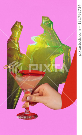 Modern graphic design. Martini glass with red rim and green olives held by hand, glowing silhouettes of dancing people in background on pink. Modern graphic design. Martini glass with red rim and green olives held by hand, glowing silhouettes of dancing people in background on pink. 121792734