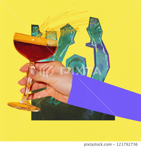 Modern graphic design. Cheers. Deep red drink in raised glass held by hand with people toasting in background, set on yellow backdrop. Modern graphic design. Cheers. Deep red drink in raised glass held by hand with people toasting in background, set on yellow backdrop. 121792736