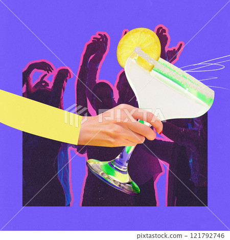 Modern graphic design. Bright cocktail glass with lime slice in hand against vibrant purple background and silhouettes of people dancing, Modern graphic design. Bright cocktail glass with lime slice in hand against vibrant purple background and silhouettes of people dancing, 121792746