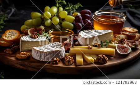 A luxurious assortment of natural cheeses and fruits drizzled in honey A luxurious assortment of natural cheeses and fruits drizzled in honey 121792968