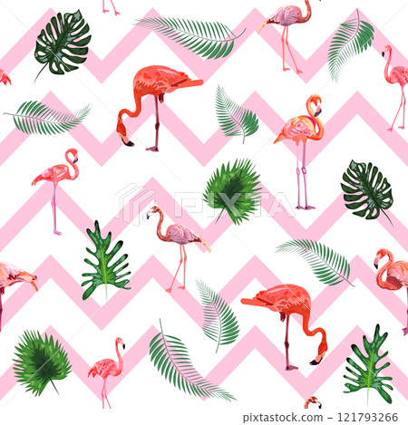 Fashionable zigzag print with flamingos and tropical leaves 121793266